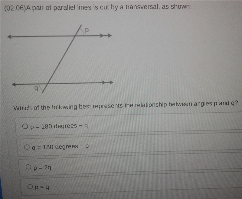 A pair of parallel lines cut by a transversal as shown. Which of the following best-example-1