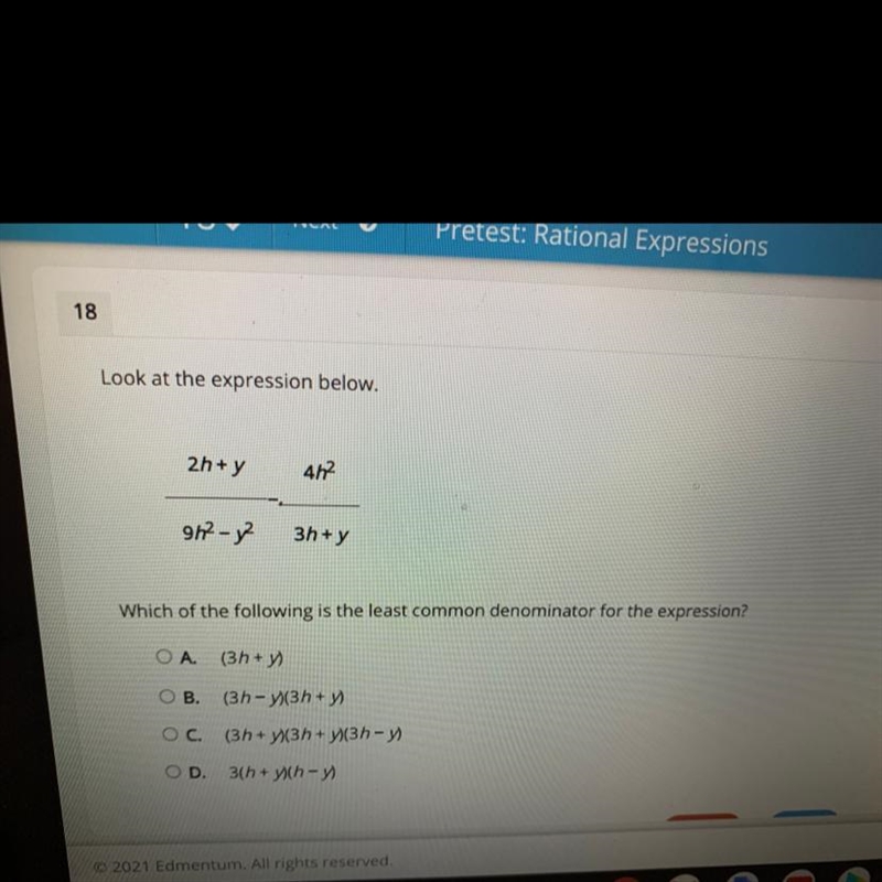 Look at the expression below. 2h+y 40 917-y2 3h+y Which of the following is the least-example-1