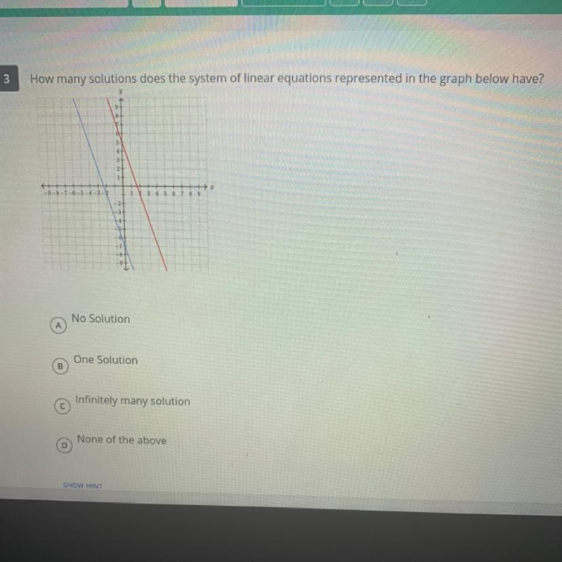 How many solutions does the system of linear equations represented in the graph below-example-1