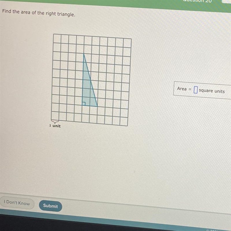 II Find the area of the right triangle. Area = I sa square units 1 unit Ya-example-1