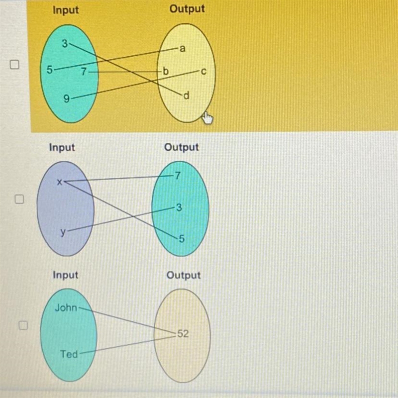 Which relations represent functions? Input Output 3 5 -b 9 d Input Output 7 -3 y 5 Input-example-1