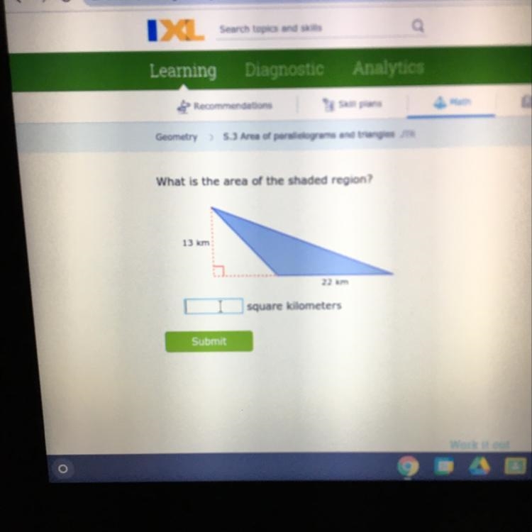 What is the area of the shaded region? 13 km 22 km square kilometers-example-1