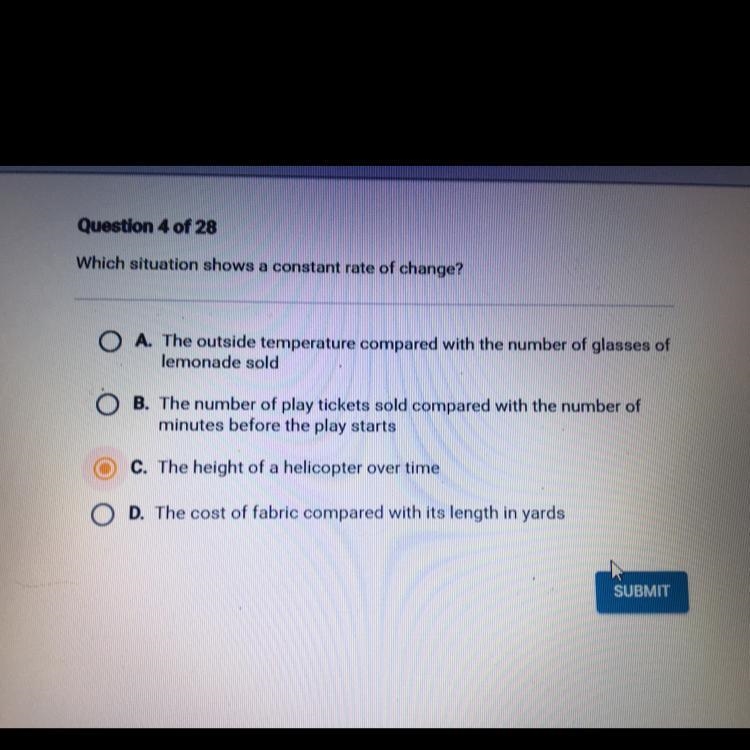 Which situation shows a constant rate of change?-example-1