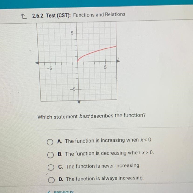 Which statement best describes the function? O A. The function is increasing when-example-1