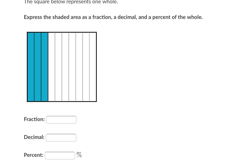 Express the shaded area as a fraction, a decimal, and a percent of the whole-example-1