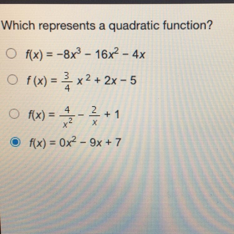 Which represents a quadratic function? f(x) = -8X^3 – 16x^2 - 4x f(x) = 3/4+ x^2 - 5 f-example-1