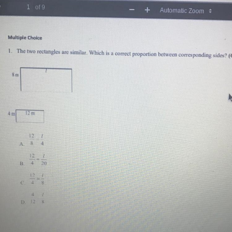 The two rectanglesare similar. Which is a correct proportion between correspoding-example-1