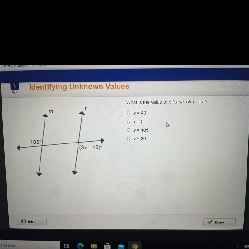 PLEASE ANSWER -identifying unknown values What is the value of x for which m Il n-example-1