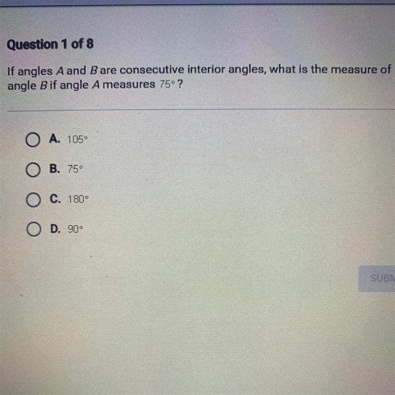 If angles A and B are consecutive interior angles, what is the measure of angle B-example-1