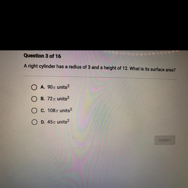 A right cylinder has a radius of 3 and a height of 12. What is its surface area? O-example-1