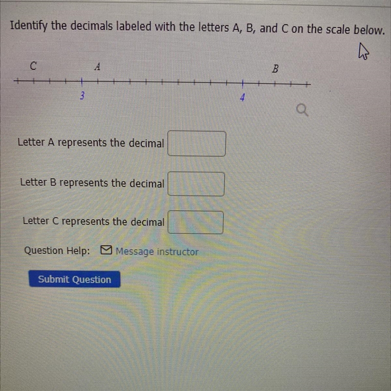 Identify the decimals labeled with the letters A B and a C-example-1