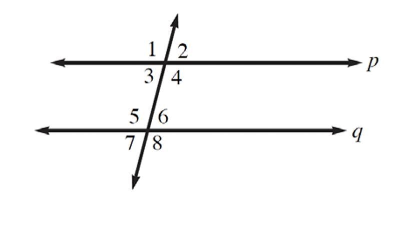 Given p || q and ∠4 = 130°, find the measure of angles 1, 2, 3, 5, 6, 7, and 8. Label-example-1