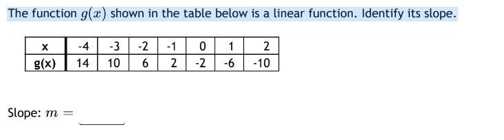 The function g(x) shown in the table below is a linear function. Identify the slope-example-1