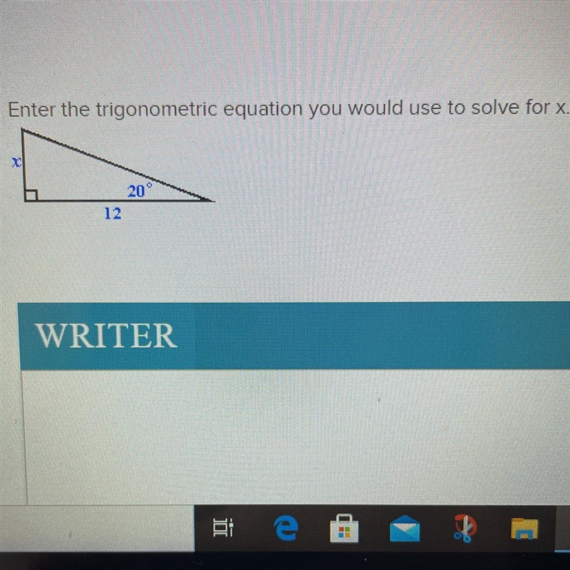 Enter the trigonometric equation you would use to solve for x.-example-1