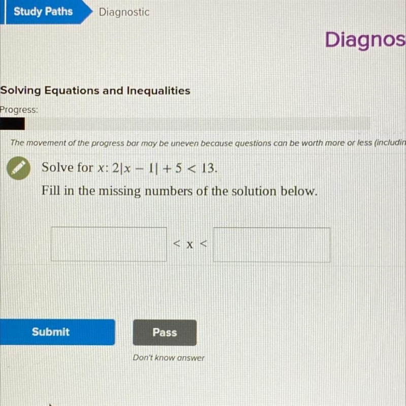 Solve for x: 2x – 1] + 5 < 13 please send help-example-1