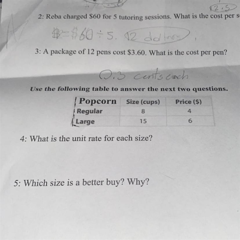 Number 4. and 5. What is the unit rate for each size? Which size is a better buy? why-example-1