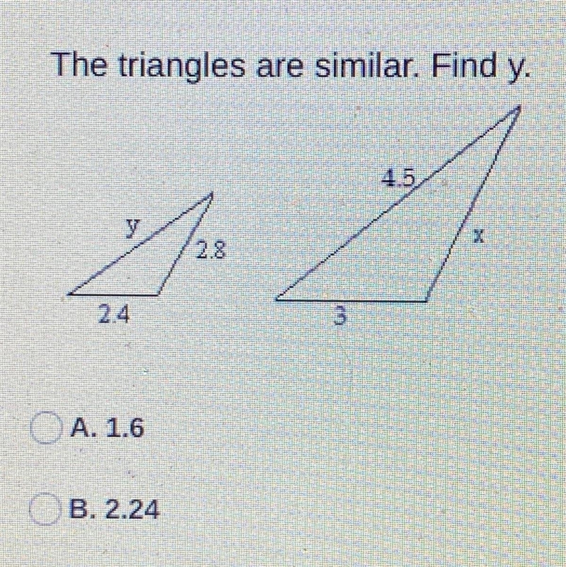 The triangles are similar, find y-example-1