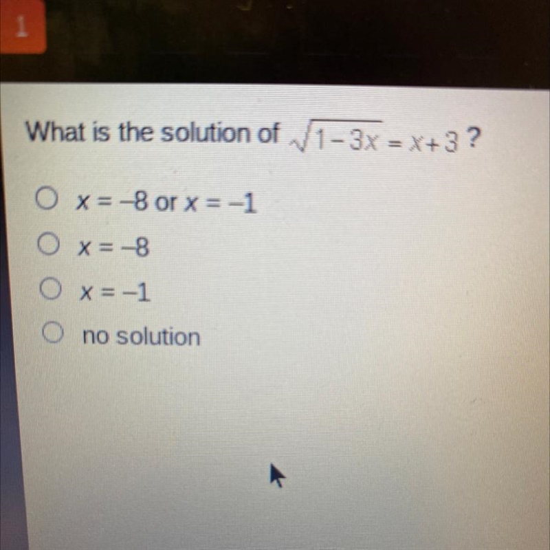 What is the solution of √1-3x=x+3-example-1