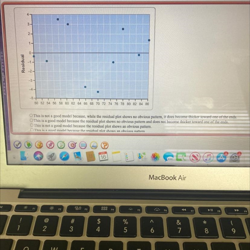 The graph shows a residual plot of values from a line of regression. Use the plot-example-1