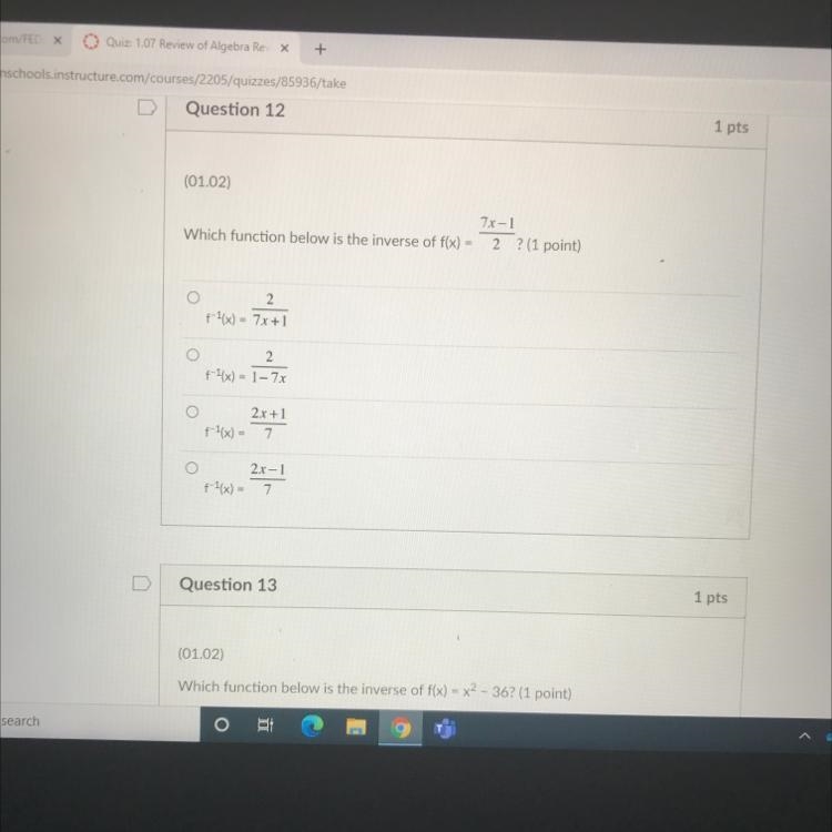 (01.02) 7x-1 Which function below is the inverse of f(x) = 2 ? (1 point) O 2 f-1(x-example-1