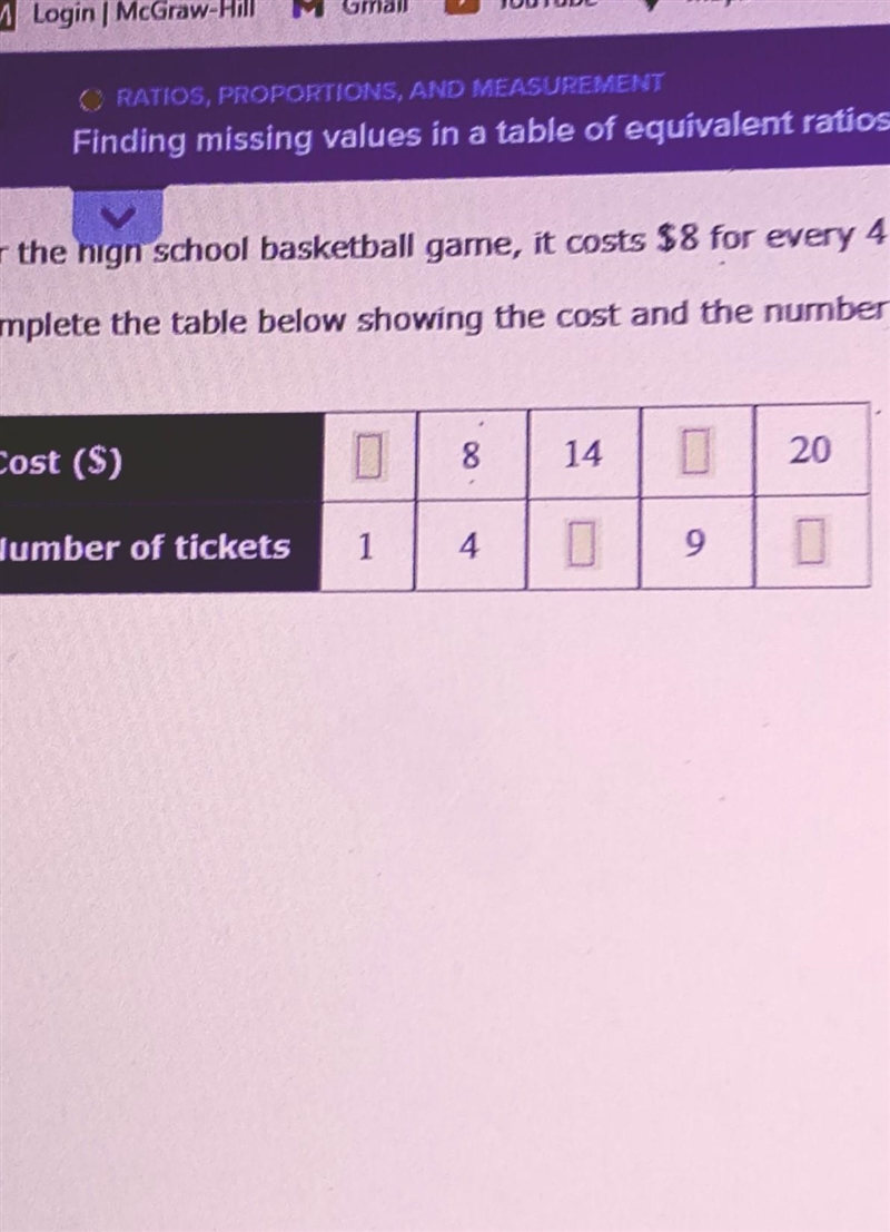 Help please. For the hign school basketball game, it costs $8 for every 4 tickets-example-1