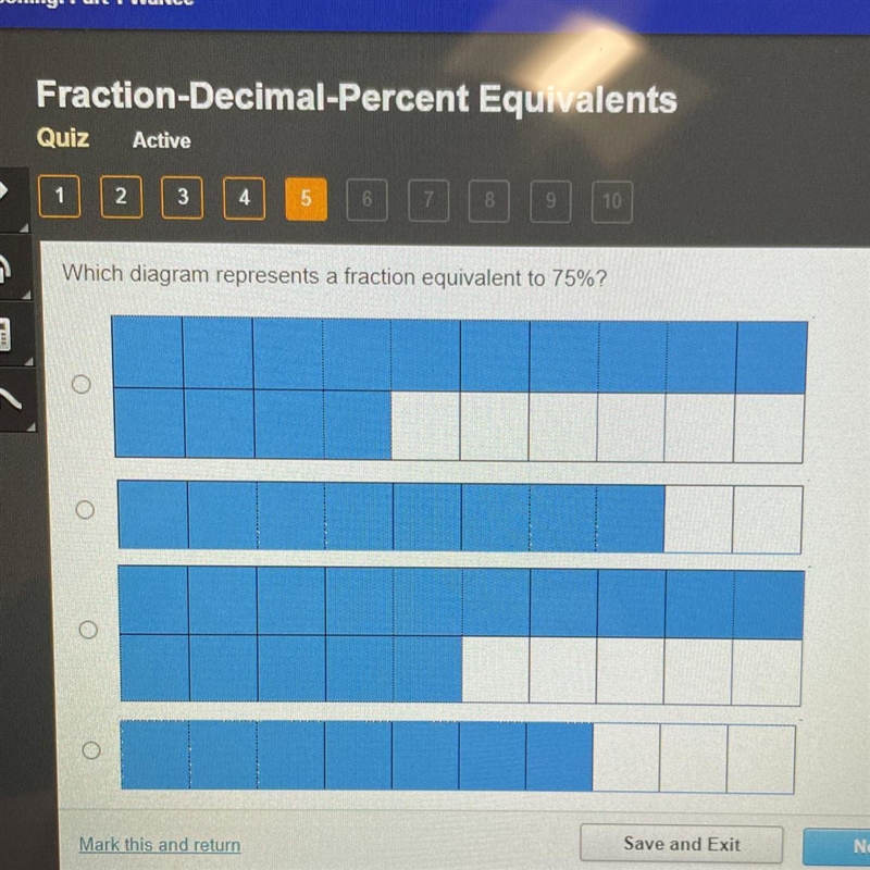 Which diagram represents a fraction equivalent to 75%? O O o-example-1