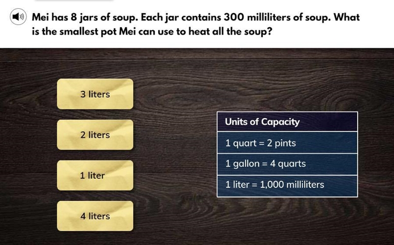 Mei has 8 jars of soup. Each jar contains 300 milliliters of soup. What is the smallest-example-1