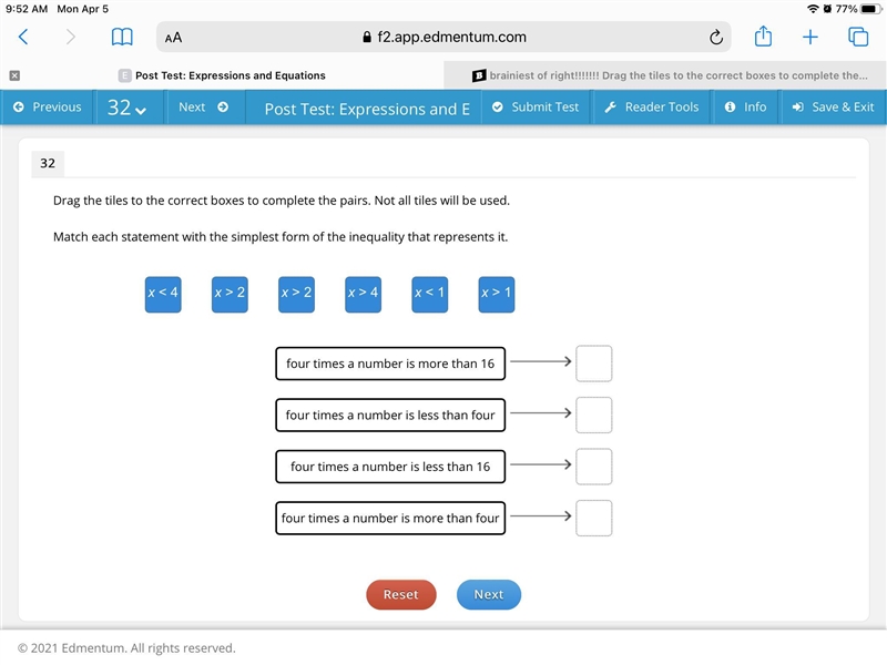 Drag the tiles to the correct boxes to complete the pairs. Not all tiles will be used-example-1