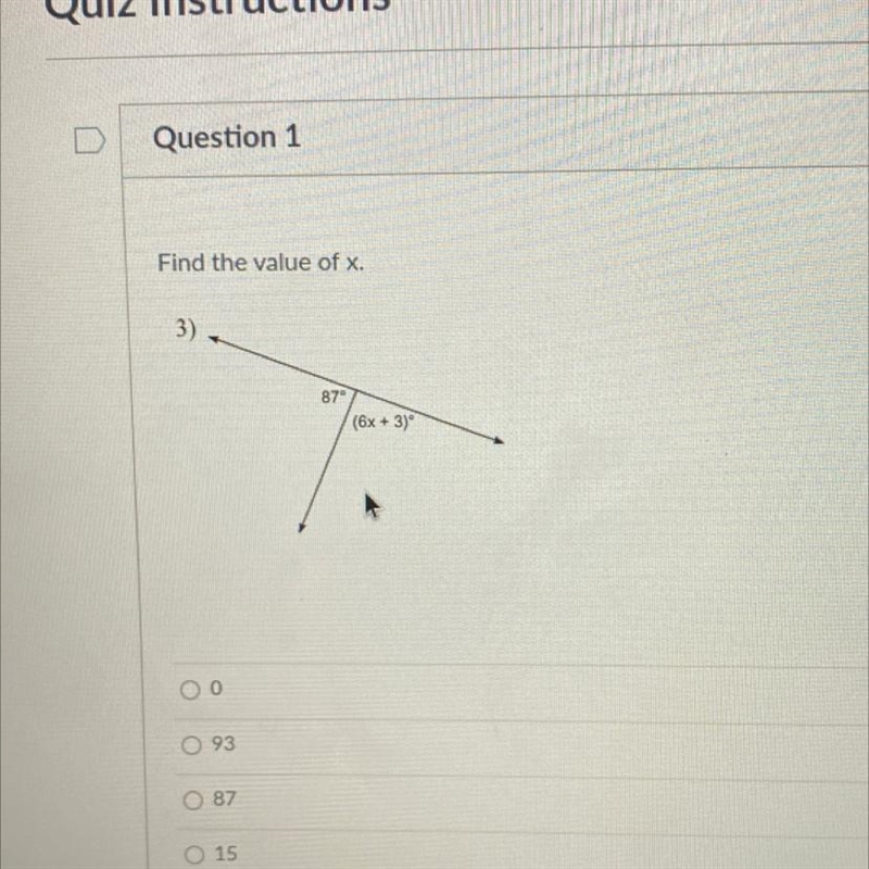 Find the value of x . A) 0 B) 93 C) 87 D) 15-example-1