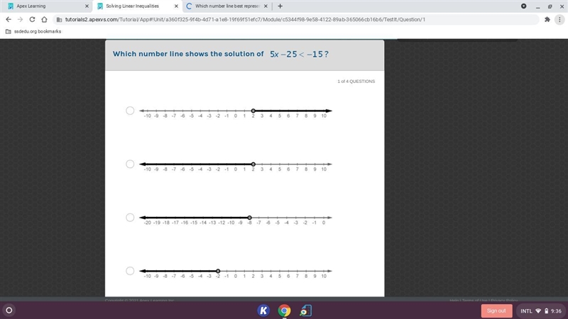 Which number line shows the solution of 5x - 25 < -15-example-1