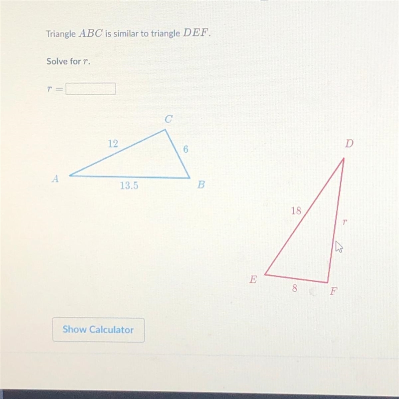 Triangle ABC Is similar to triangle DEF solve for r-example-1