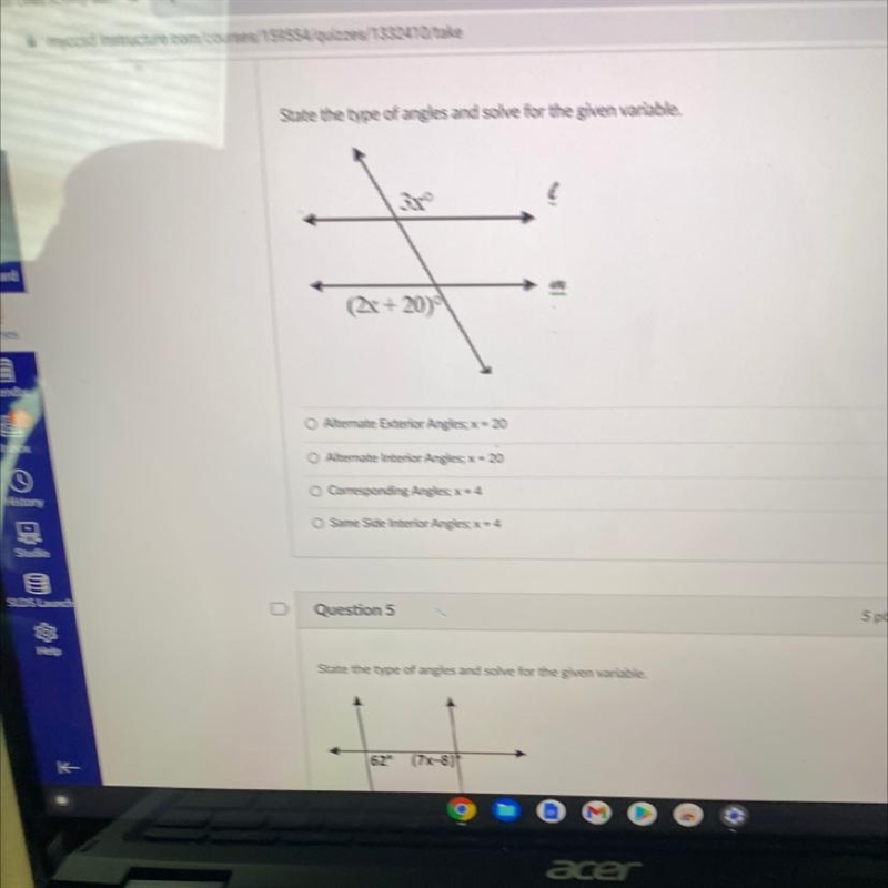 State the type of angles and solve for the yven vatizble. 3x € (2x + 20) Aterate bretor-example-1