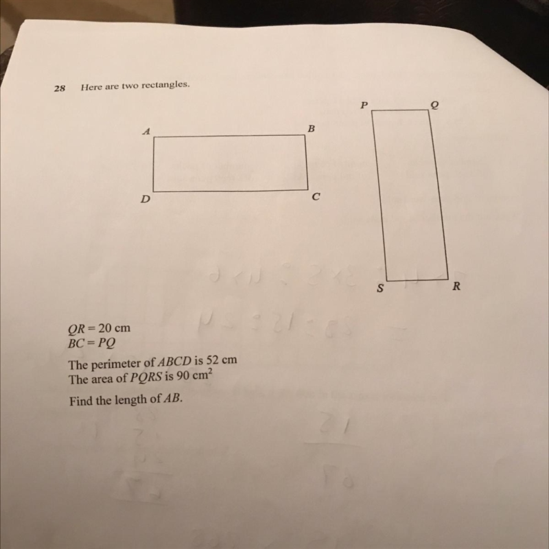 28 Here are two rectangles. Р e B D S R QR = 20 cm BC = PQ The perimeter of ABCD is-example-1