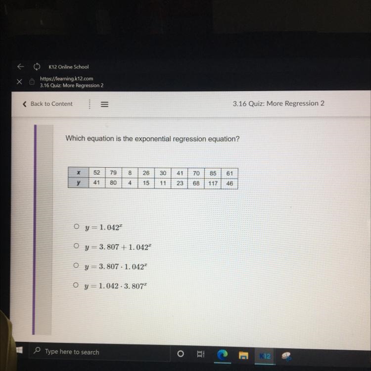 HELP ME PLEASE!! Which equation is the exponential regression equation?-example-1