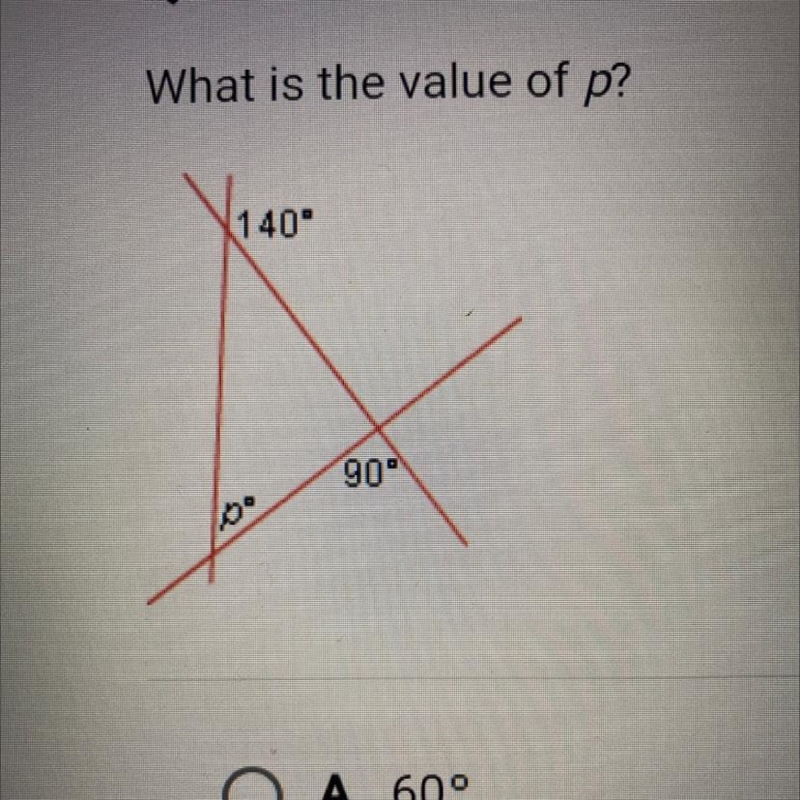 What is the value of p? A.60° B. 40° C. 90° D. 50°-example-1