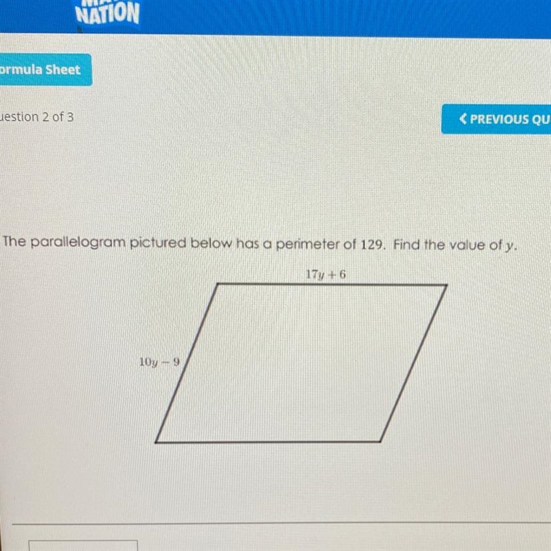 The parallelogram pictured below has a perimeter of 129. Find the value of y.-example-1