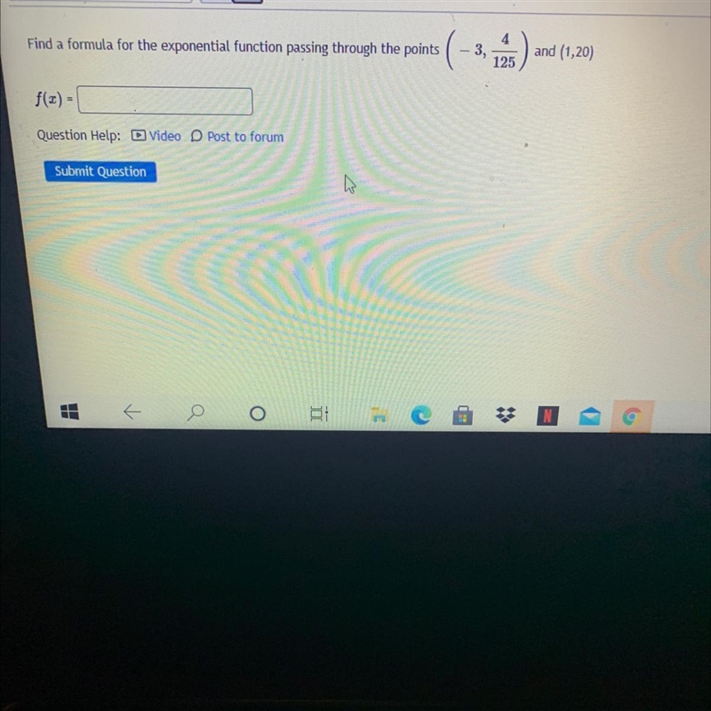 Find a formula for the exponential function passing through the points 4 3, and (1,20) 125 f-example-1