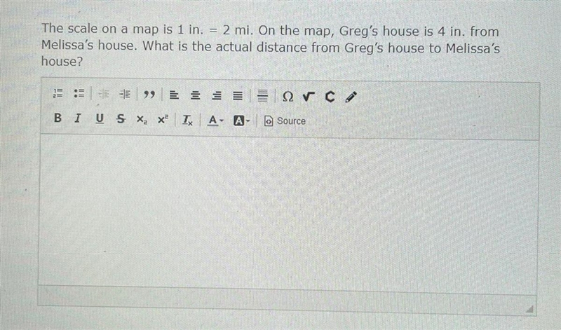 The scale on a map is 1in. = 2 mi. On the map, Greg’s house is 4in. from Melissa’s-example-1