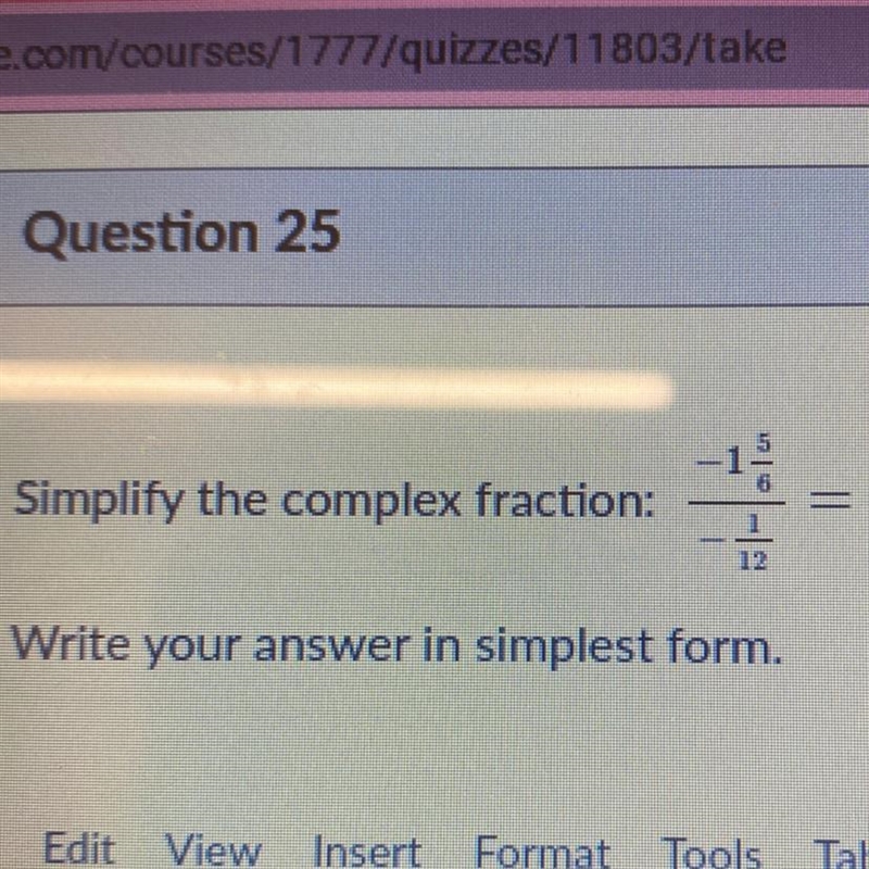 Simplify the complex fraction: -1 5/6 / -1/12-example-1