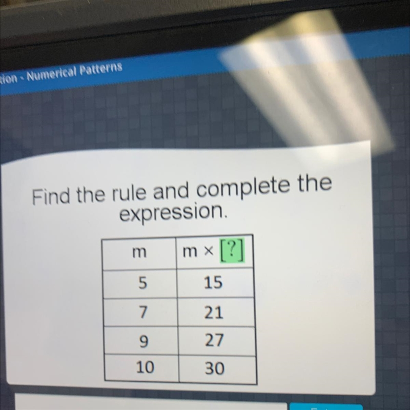 Find the rule and complete the expression m m* [?] 5 15 7 21 9 27 10 30-example-1