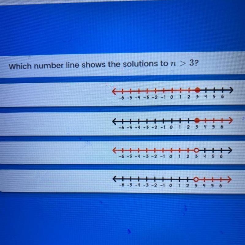 I which number line shows the answer to n>3 ?-example-1