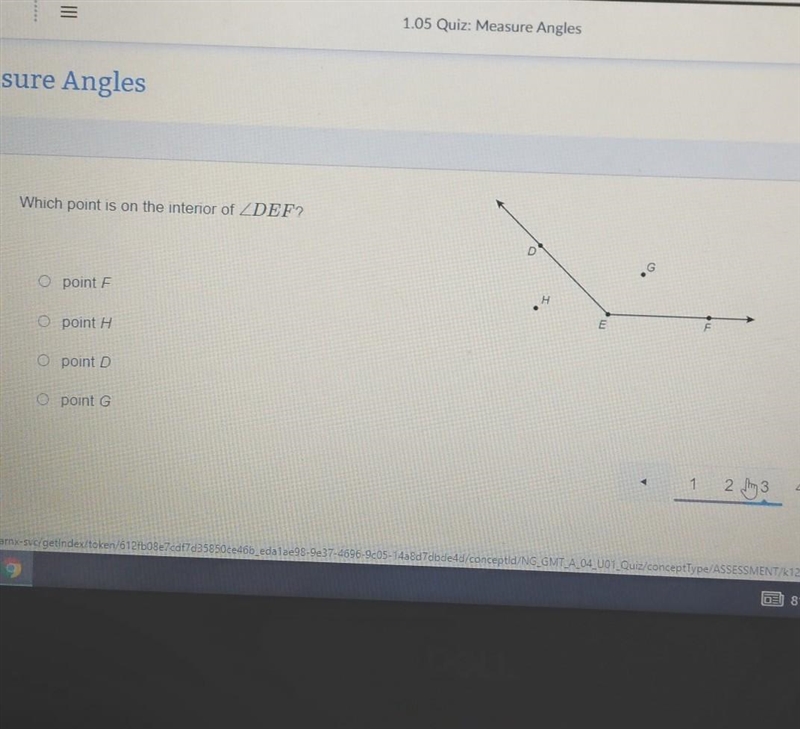 Which point is on the interior of DEF? point F point H. point D point G​-example-1