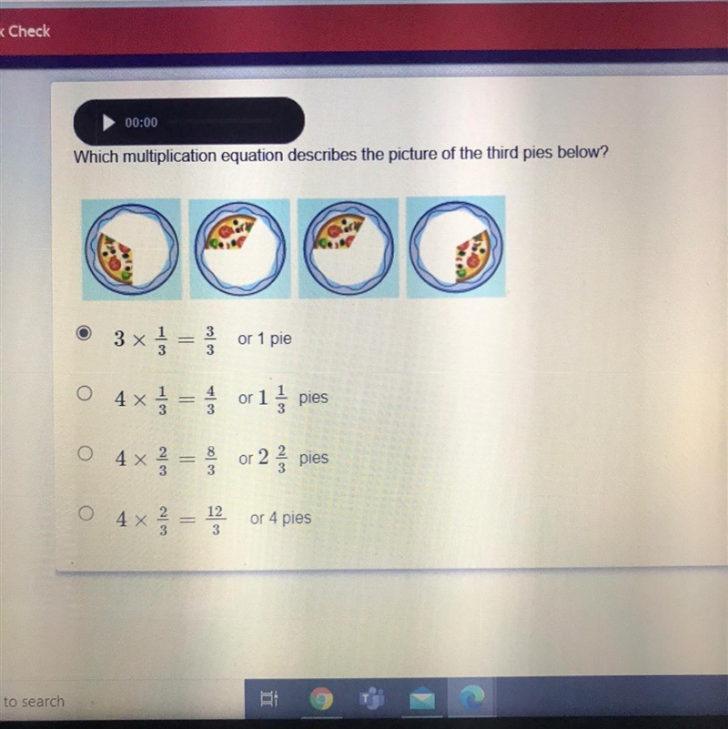 Which multiplication equation describes the picture of the third pies below?-example-1