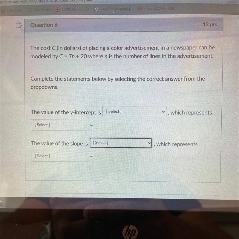 The y-Int and the slope of C=7n+20 If you can show the formula-example-1