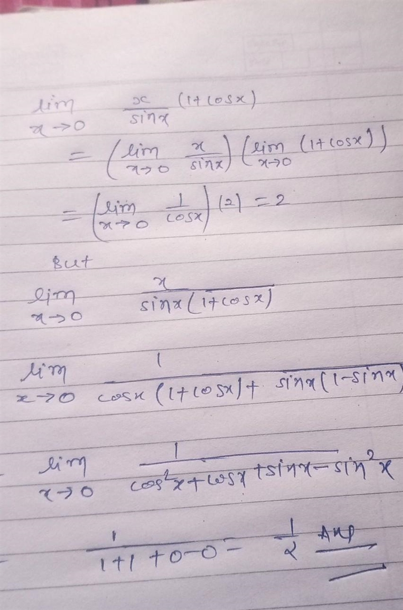 Lim x-0 of function sinx/x(1+cosx) anyone there please answer me​-example-1