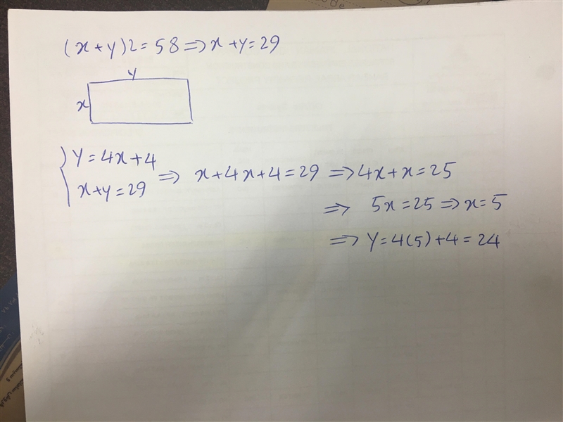 The perimeter of a rectangle is 58. The length is 4 more than 4 times the width. Find-example-1