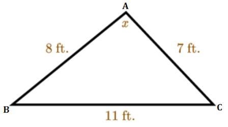 Solve the triangle for x. (View the attachment) A. 39.4(degrees) B. 46.5(degrees) C-example-1