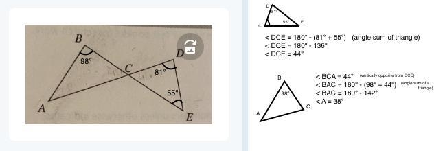 In the figure above, AD and BE intersect at point C, and the measures of angles B-example-1