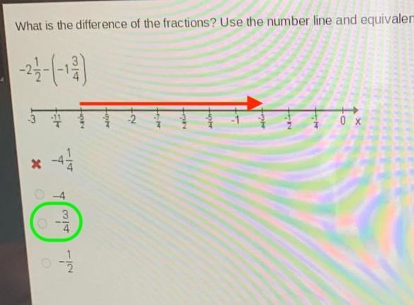 What is the difference of the fractions? Use the number line and equivalent fractions-example-1