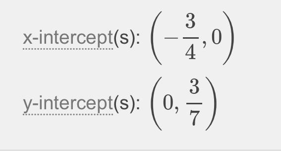 Determine the intercepts of the line. -4x+7y=3-example-1